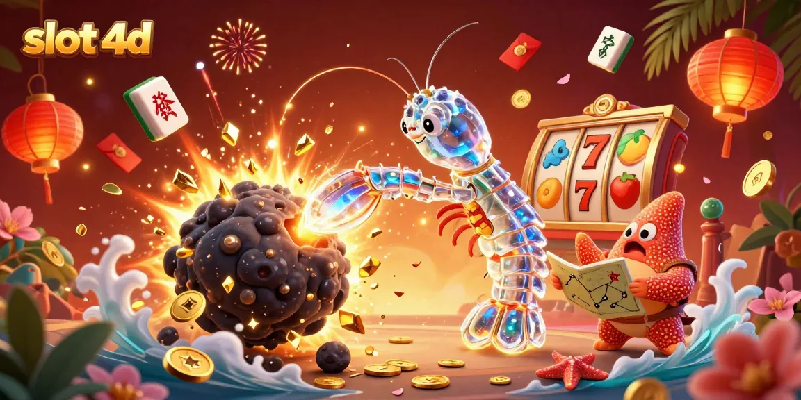 Experience the thrill of slot 4d with a galactic samurai mantis shrimp in a vibrant casino scene filled with riches.