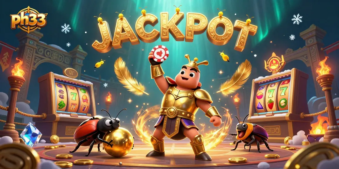 Experience the thrill of winning on ph33 with a lively scene depicting a gladiator beetle celebrating over a jackpot.