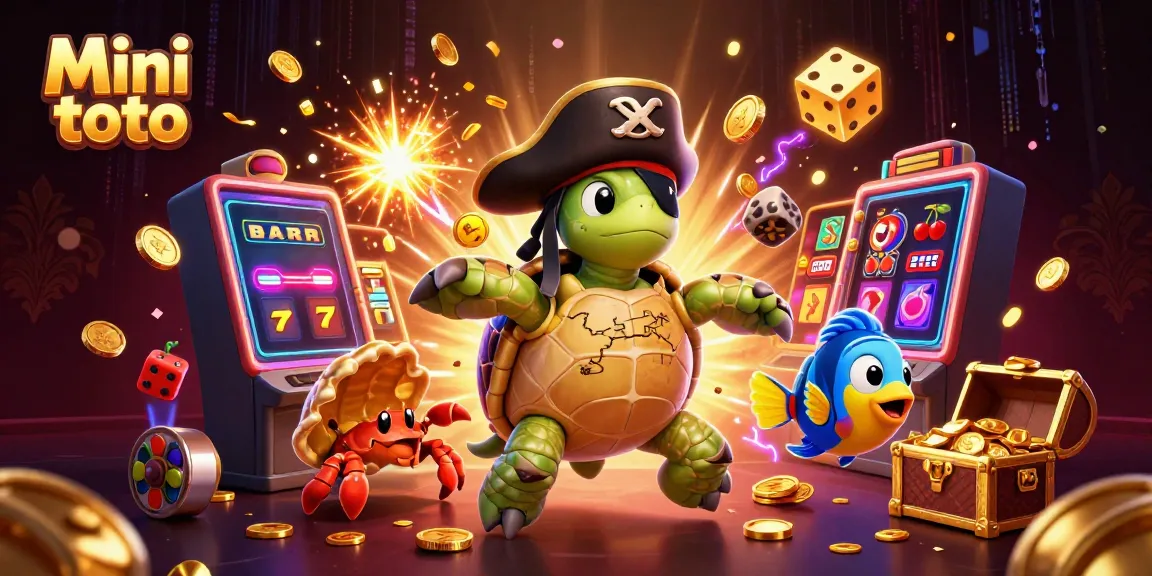 Gambar Mini toto menampilkan slot jackpot dan karakter kucing laut dalam suasana kasino yang ceria.