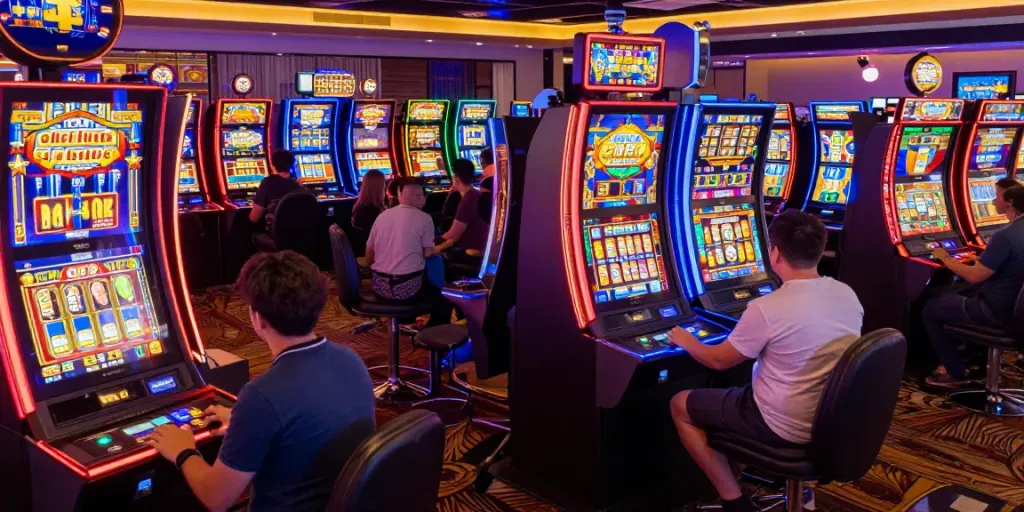 Players enjoying various slot machines in a vibrant casino, bright lights and jackpots.