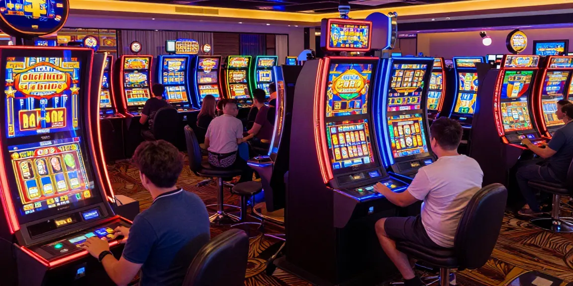 Players enjoying various slot machines in a vibrant casino, bright lights and jackpots.