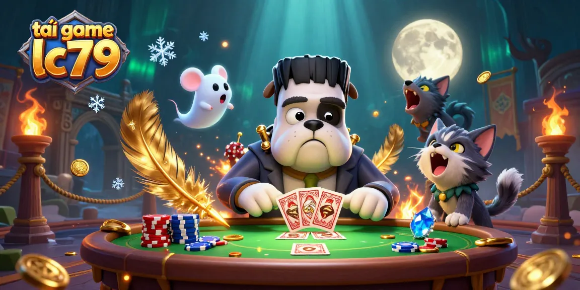 Tải game lc79 với hình ảnh vui nhộn từ quái vật bulldog và mèo sói trong casino đầy màu sắc.