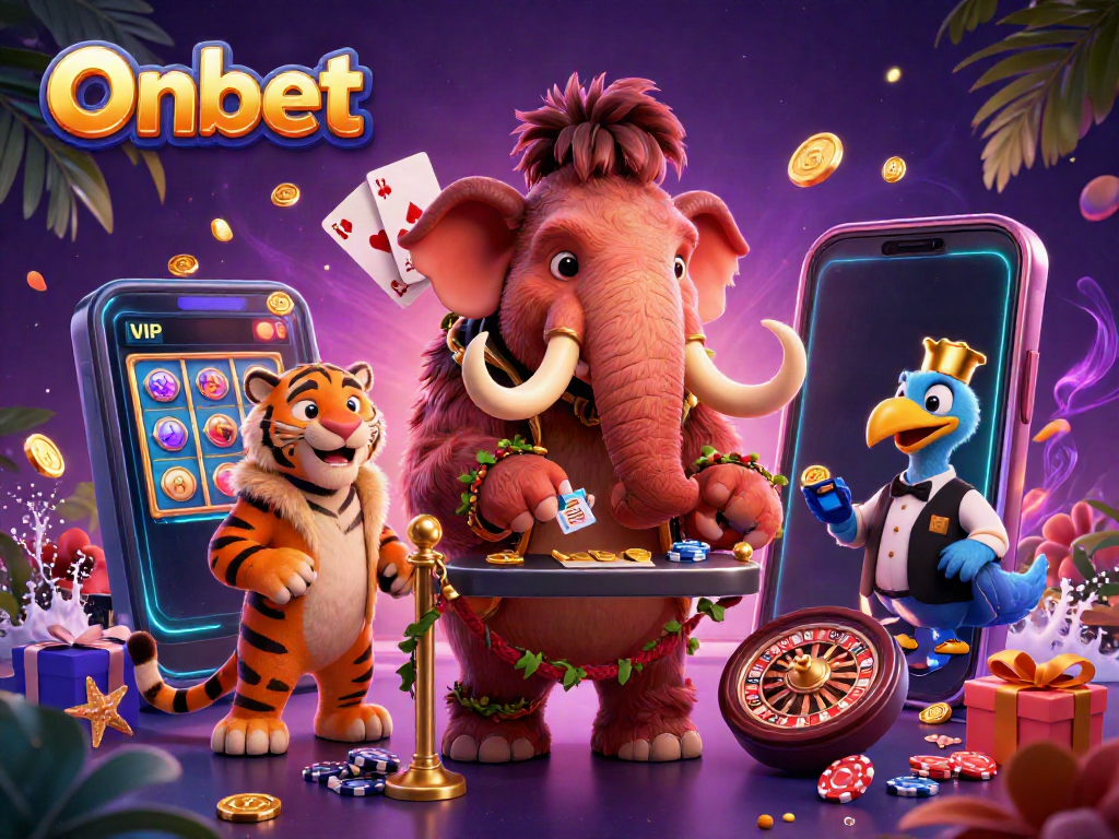 Experience Onbet's vibrant gaming world with a woolly mammoth bouncer and a saber-tooth VIP in a lively casino setting.