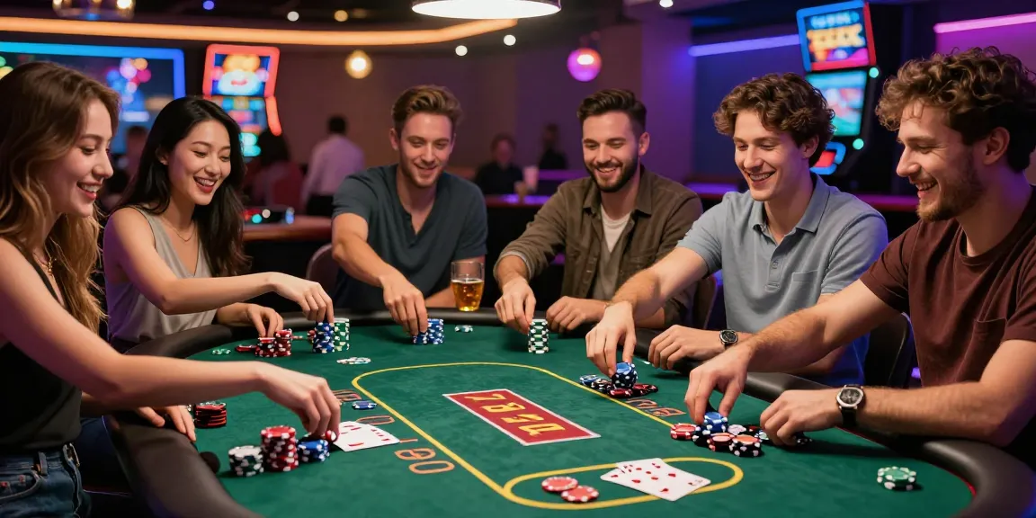 Exciting group of players enjoying Teen Patti Vegas in a lively casino setting.