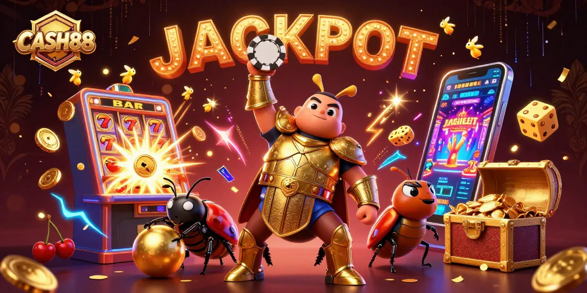 CASH88 ignites excitement as a heroic beetle lifts a poker chip celebrating a jackpot in a casino adventure.