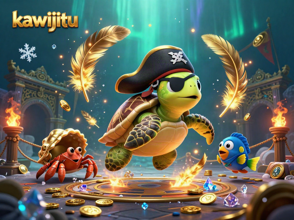 Engage with kawijitu as the 3D pirate turtle uncovers treasure among casino elements.