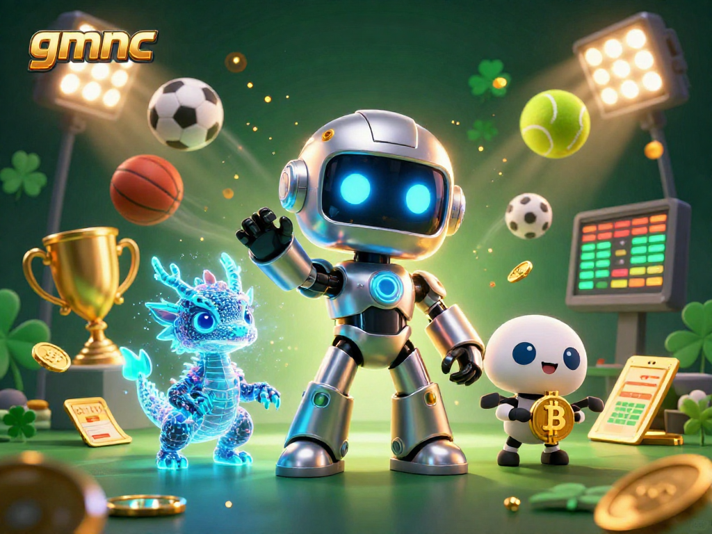 Experience the thrill of gmnc with our dynamic neon-lit casino scene featuring sports elements and engaging characters.