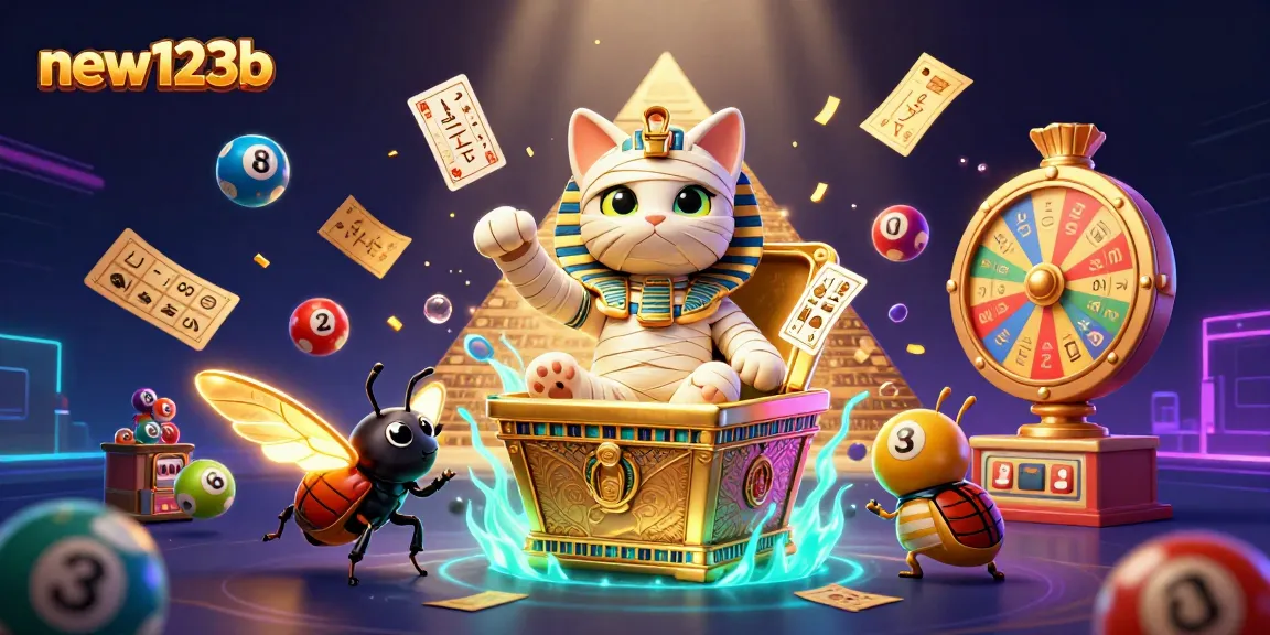 Engage with new123b's exciting casino atmosphere featuring a mummy cat and vibrant lottery elements.