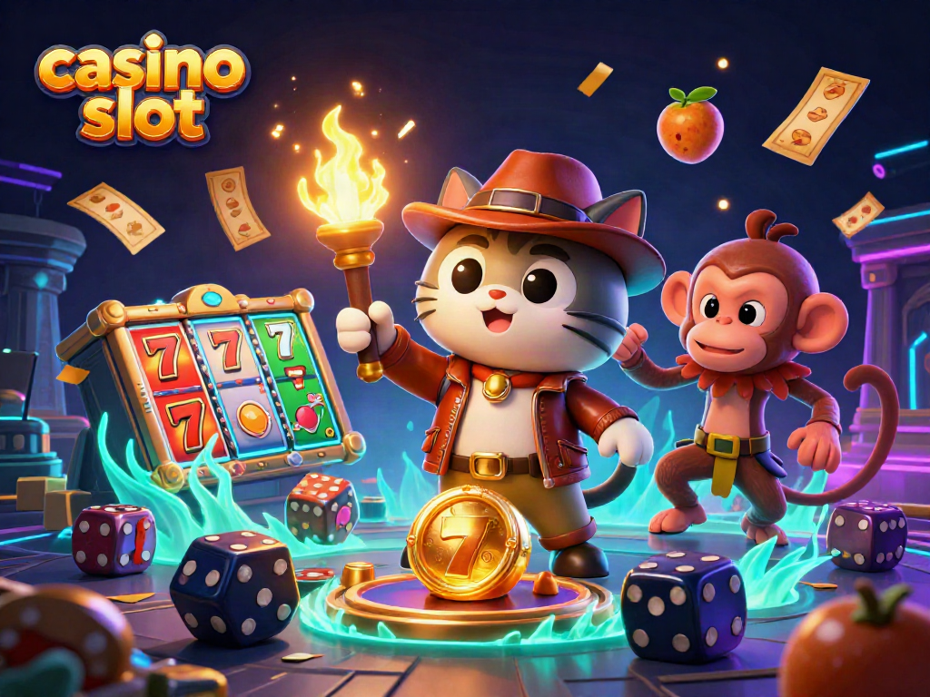 Engaging scene showcasing a cat archaeologist and monkey companion discovering a casino slot artifact amid dynamic elements, emphasizing the casino slot theme.