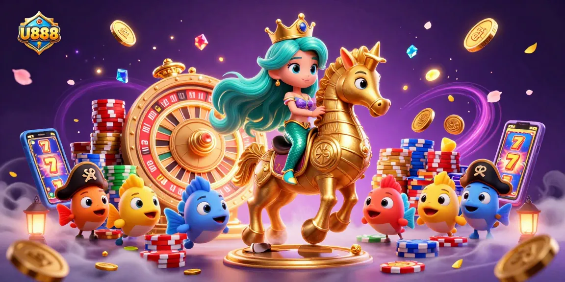 Bet on U888's exciting games with a vibrant 3D casino illustration featuring a mermaid princess and golden elements.