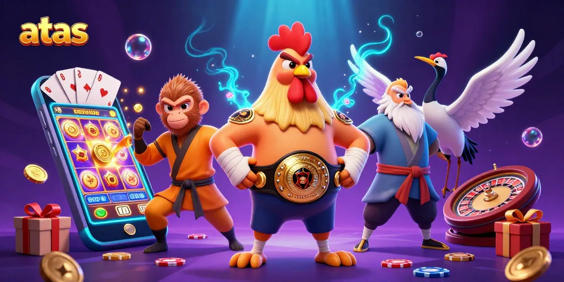 Engage in thrilling gameplay with ATAS Casino featuring a cartoon Muay Thai rooster and Shaolin monkey.