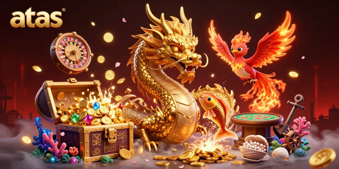 Engage with the excitement of atas casino featuring a mystical dragon, phoenix, and koi amidst a vibrant casino scene.
