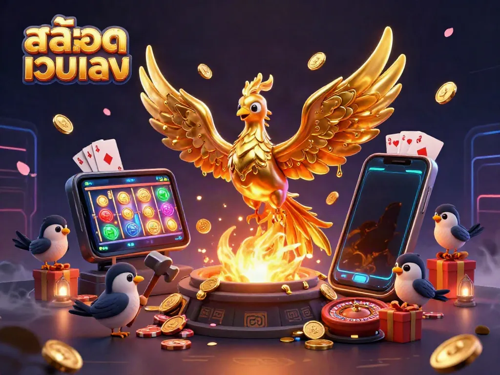 Engage with a vibrant scene showcasing สล็อตเว็บตรง with a molten gold phoenix and a dynamic slot game.