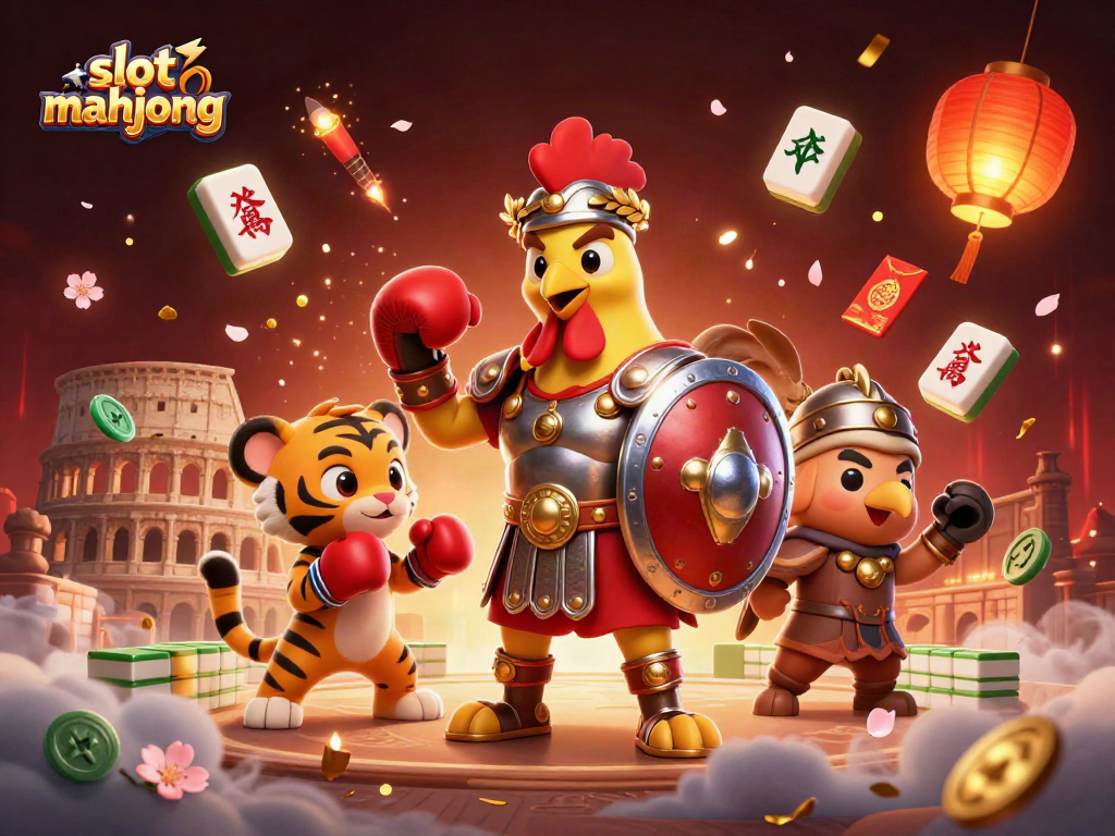Engage with slot mahjong visuals showcasing a gladiator rooster in a vibrant casino arena.