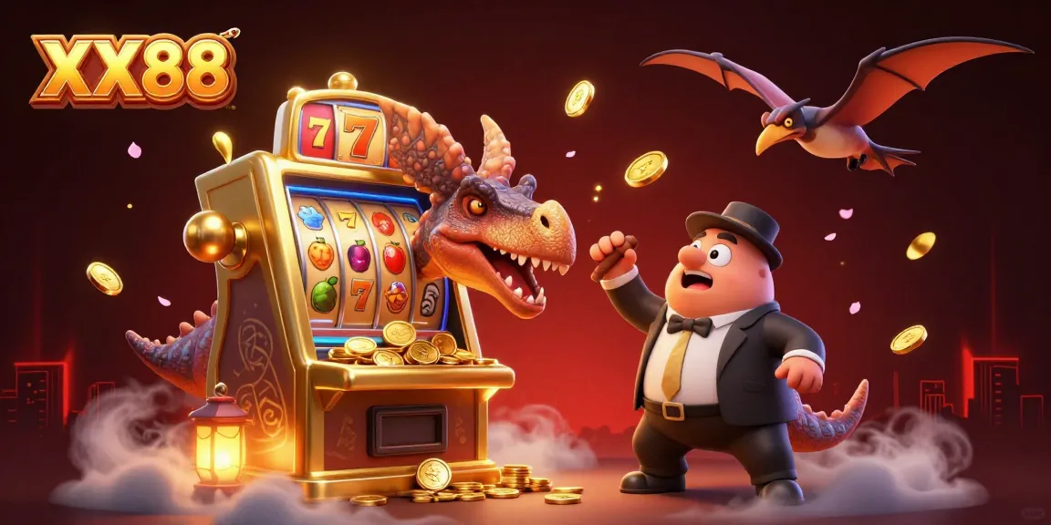 XX88's pachycephalosaurus winning the jackpot while a panicked ankylosaur and a soaring pteranodon collect coins.
