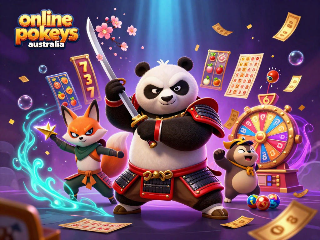 Spin the reels with excitement at online pokies australia, featuring dynamic characters in a vibrant casino scene.