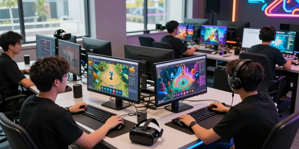 Engaging team collaboration in modern gaming studio showcasing fair online gaming platform development.