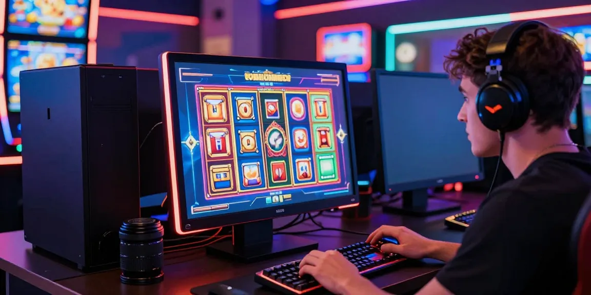 Engaging scene of an excited player enjoying slot thailand gaming experience with vibrant screens and neon lights.