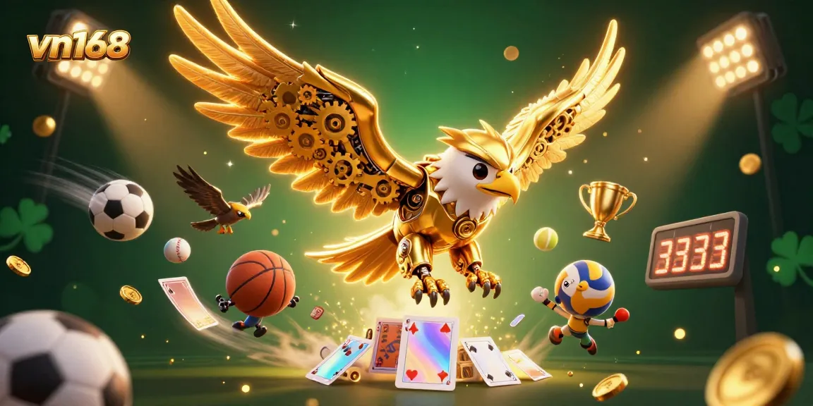 Experience the excitement of vn168 with a vibrant 3D illustration showcasing a golden eagle diving through dynamic sports elements in a casino theme.