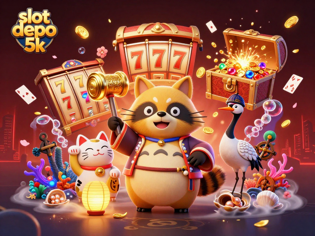 Experience joy with slot depo 5k, a tanuki embracing victory amidst vibrant casino symbols.