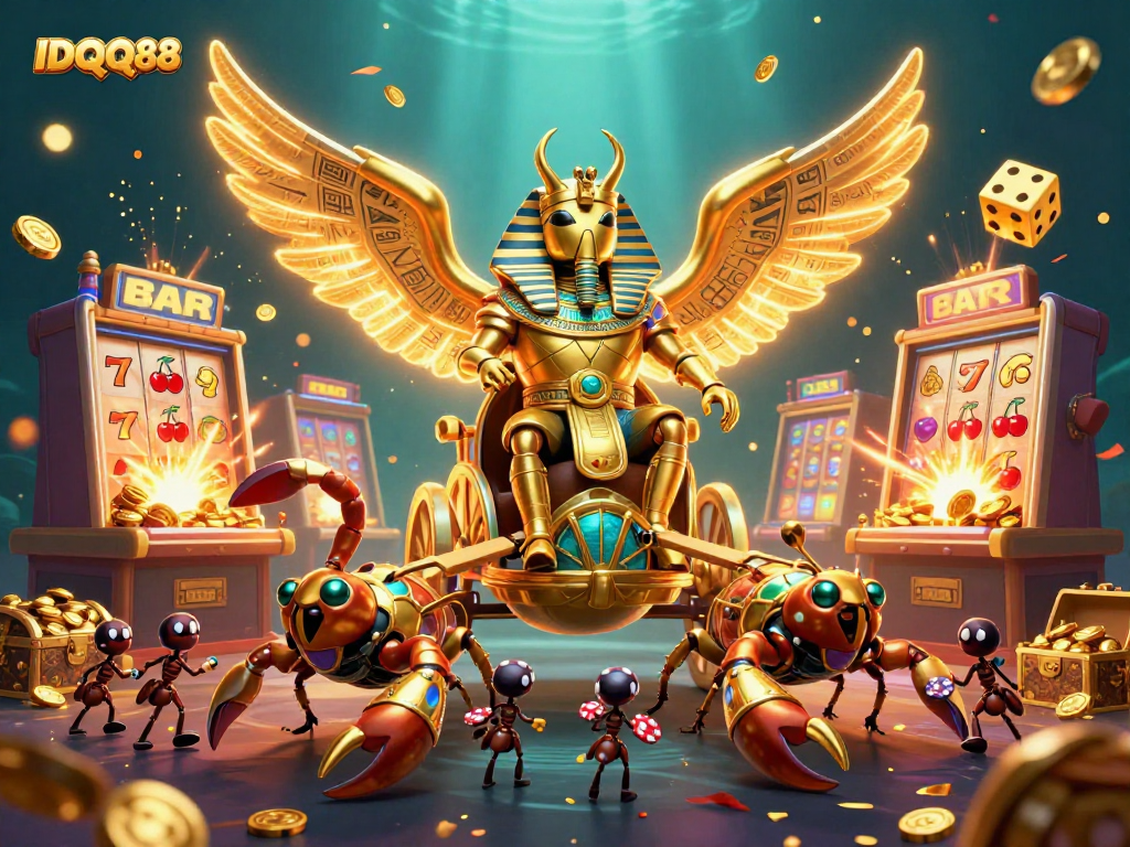 Experience thrilling jackpots with IDQQ88's vibrant 3D casino scene featuring slots and golden treasures.