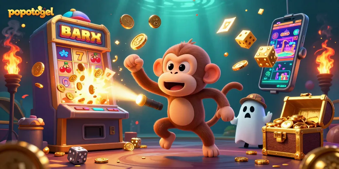 Experience popotogel with an engaging 3D illustration of a monkey and puppy in a vibrant casino scene.