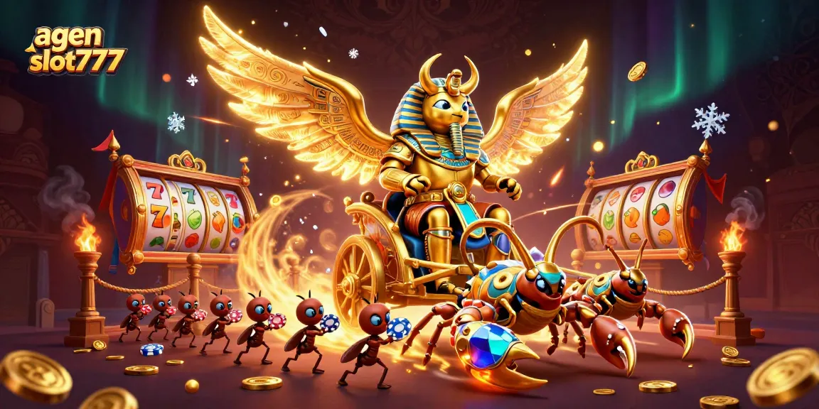 Engage with agen slot777 through a golden scarab beetle amidst vivid casino scenes.