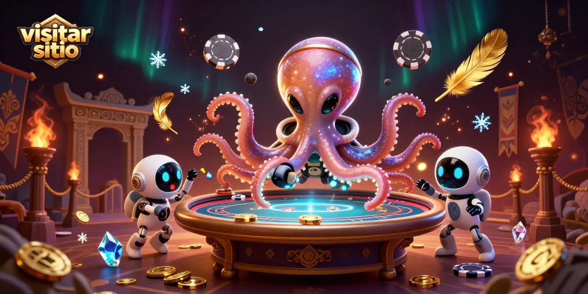 Visitar sitio para jugar en un casino online ilustrado donde un pulpo alienígena y un robot interactúan con elementos de apuestas.