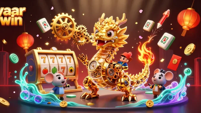 Experience the excitement of yaar win with a golden dragon and slot reels in a dynamic casino scene.