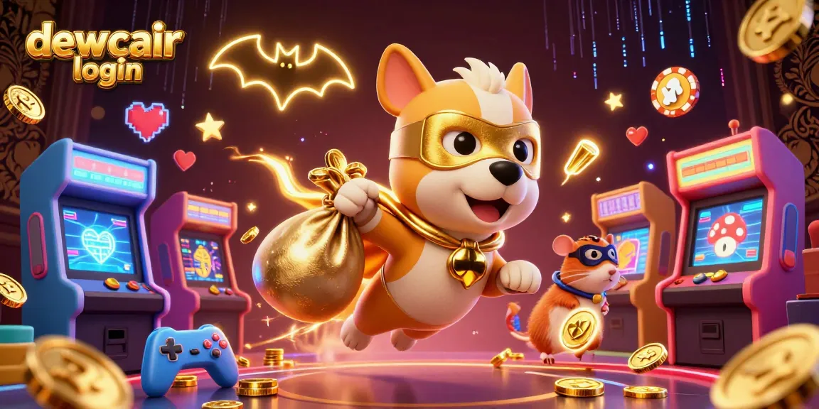 Play and win on dewacair login with the superhero dog amid vibrant casino-themed elements.