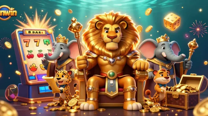 Join the excitement at sunwin with a vibrant casino scene featuring a lion king, elephant advisor, and cheetah messenger.