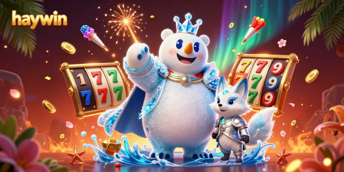Engage with haywin's vibrant casino world, featuring slot reels, jackpots, and festive elements.