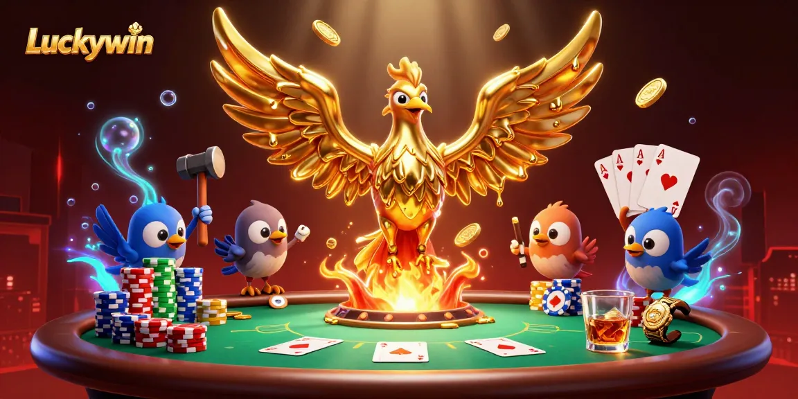 Spin winning action at Luckywin with a golden phoenix, poker chips, and vibrant casino atmosphere.