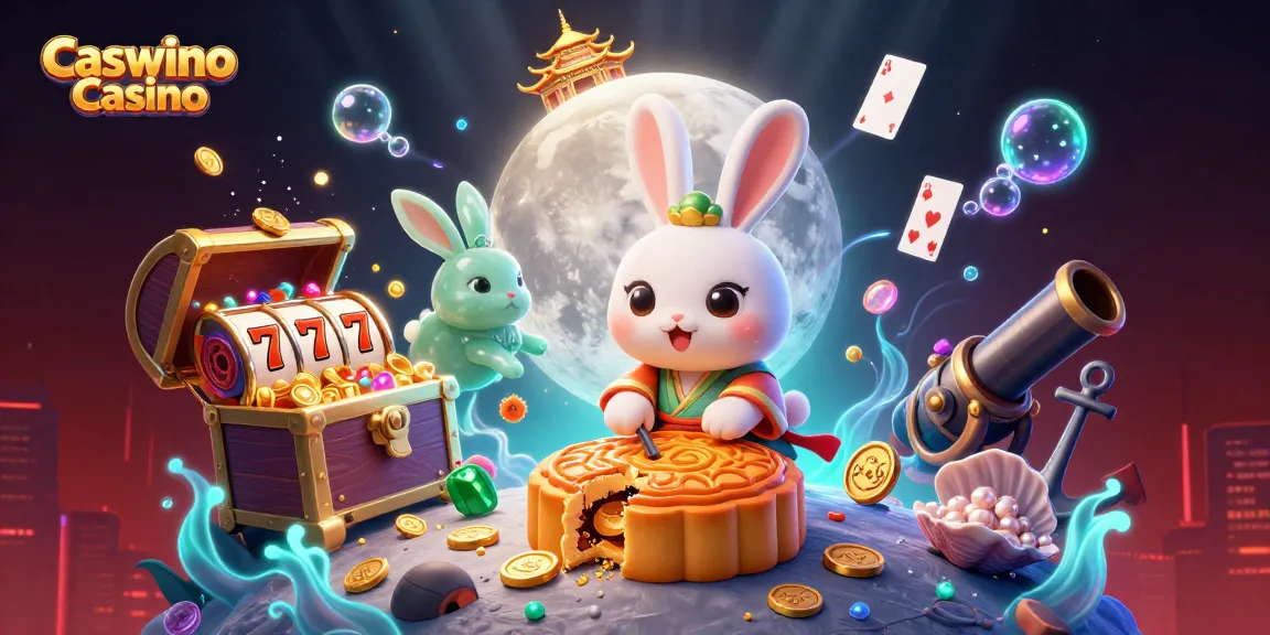 Experience the vibrant world of Caswino Casino with a dynamic 3D scene of gaming and luck, featuring the moon rabbit and casino elements.
