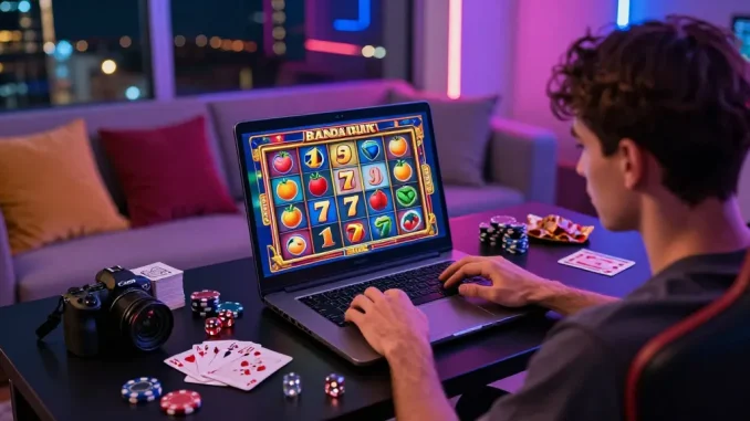 Experience thrilling bandar slot games in an engaging home gaming setup with accessories.