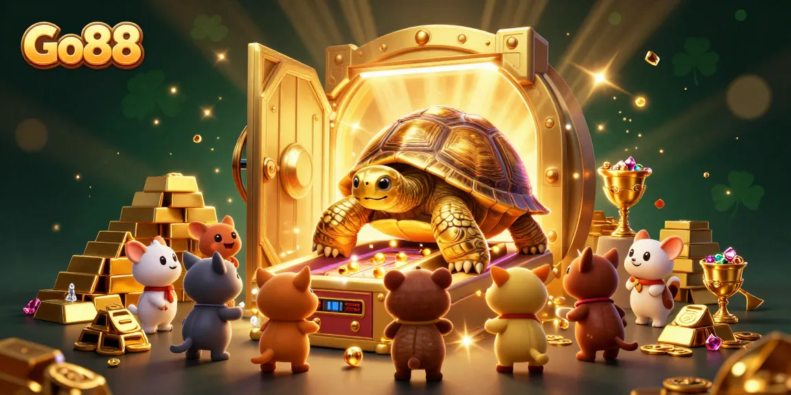 Engage with Go88 in a vibrant scene where a golden tortoise pinball machine captivates small animals amid cascading treasures.