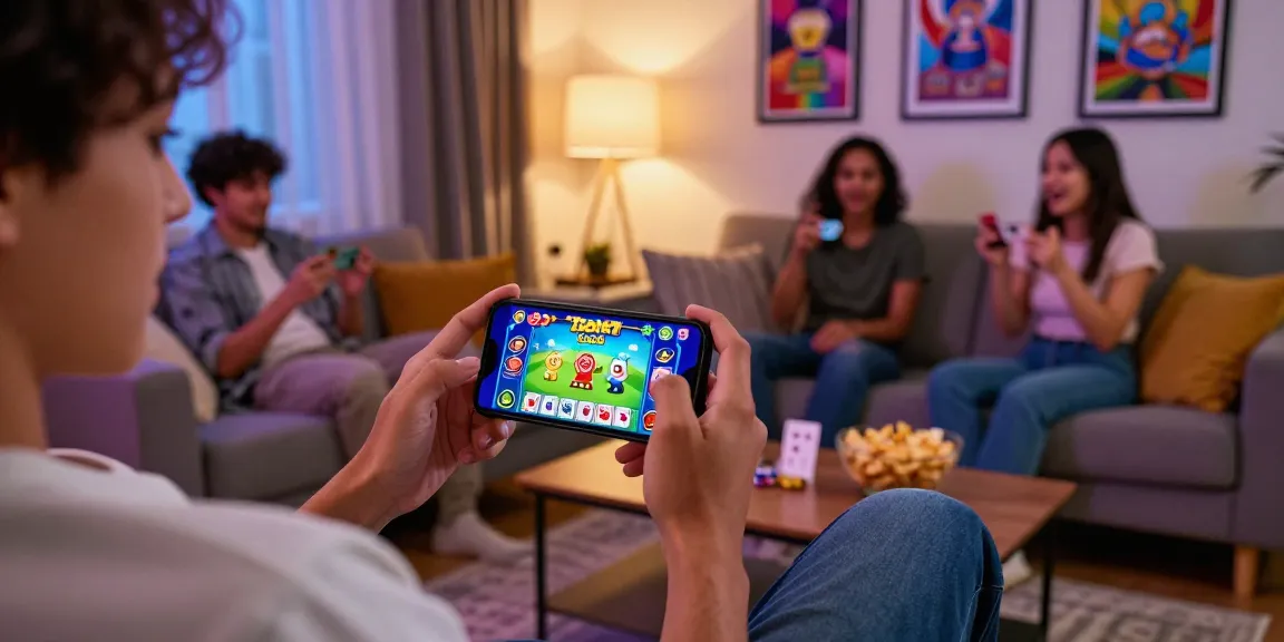 Person enjoying the latest version of Teen Patti Gold on smartphone in a cozy living room, showcasing vibrant game graphics and social gaming atmosphere.