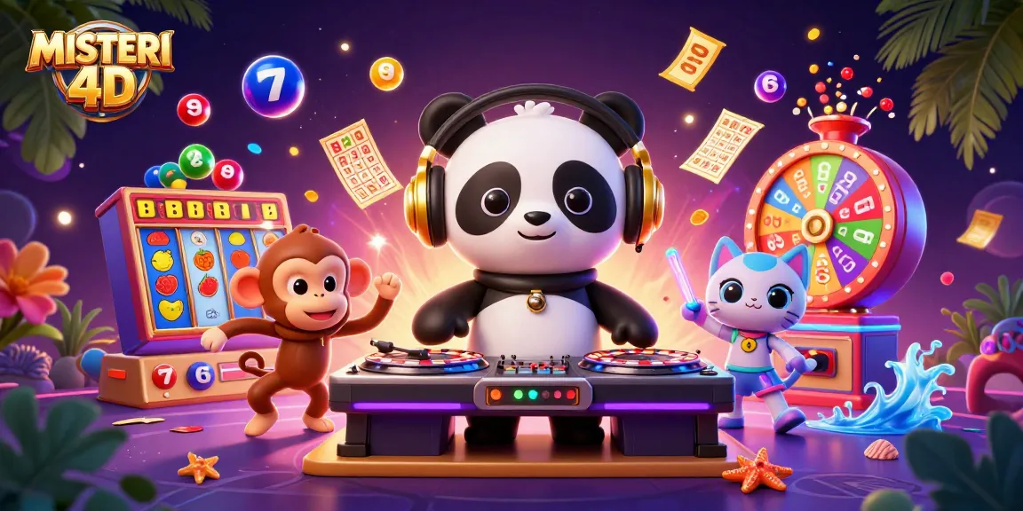 MISTERI 4D celebrates winnings with a colorful slot scene featuring dynamic characters and game elements.