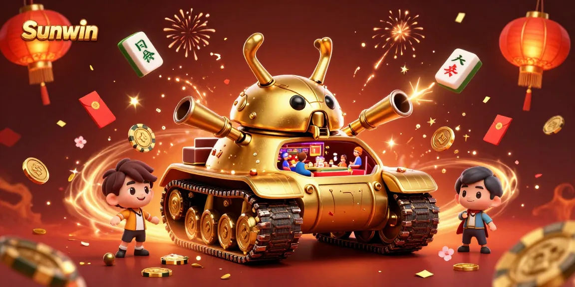 Experience Sunwin's vibrant casino atmosphere with a golden beetle tank and festive game elements.