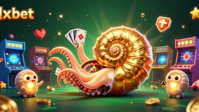 Play 1x bet with a dynamic 3D illustration of a giant nautilus and gaming elements.