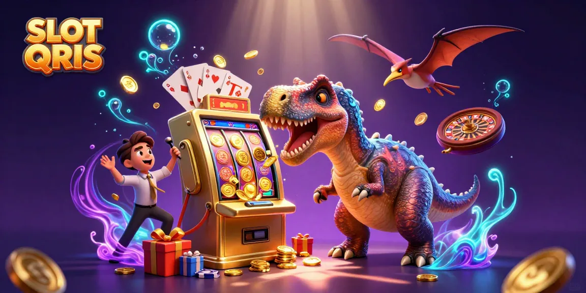 Experience SLOT QRIS action with a pachycephalosaurus triggering a jackpot, while an ankylosaur manager and pteranodon capture golden coins.
