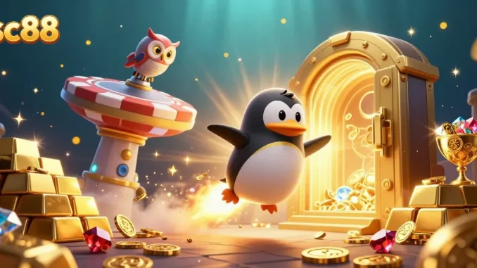Engage with sc88 as you discover a golden penguin soaring towards a dazzling casino space station.