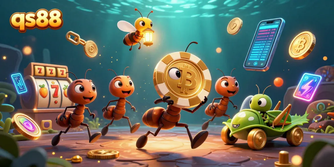 Experience qs88's thrilling casino heist with ants and golden poker chips in a vibrant 3D illustration.
