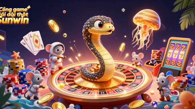 Cổng game bài đổi thưởng Sunwin offers an exhilarating experience with a vibrant 3D casino scene featuring betting astronaut mice and cosmic dealers.