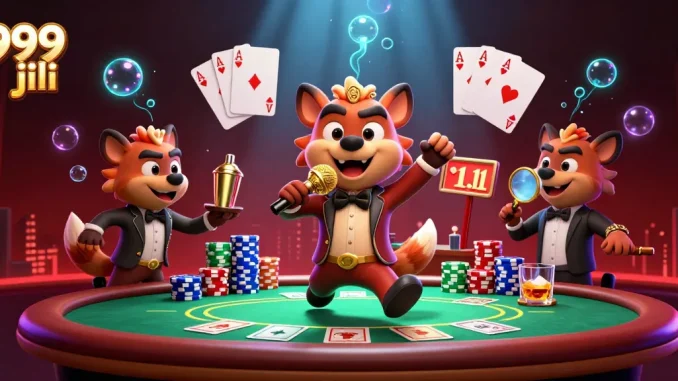 Interact with 999 jili's vibrant casino scene featuring funny hyenas, poker, and drinks.