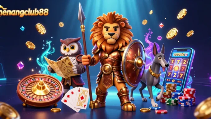 Experience thrilling gameplay at menangclub88 with vibrant coins, roulette, and casino elements.