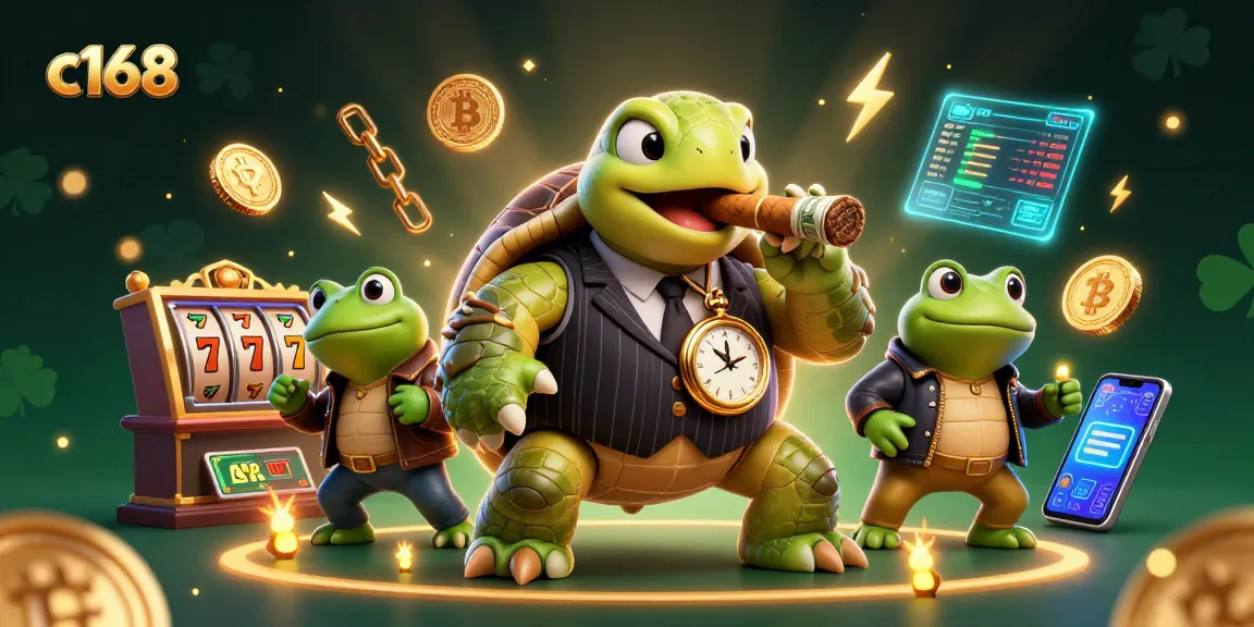Engage with c168's thrilling slots as a snapping turtle character showcases jackpot excitement in a vibrant casino.