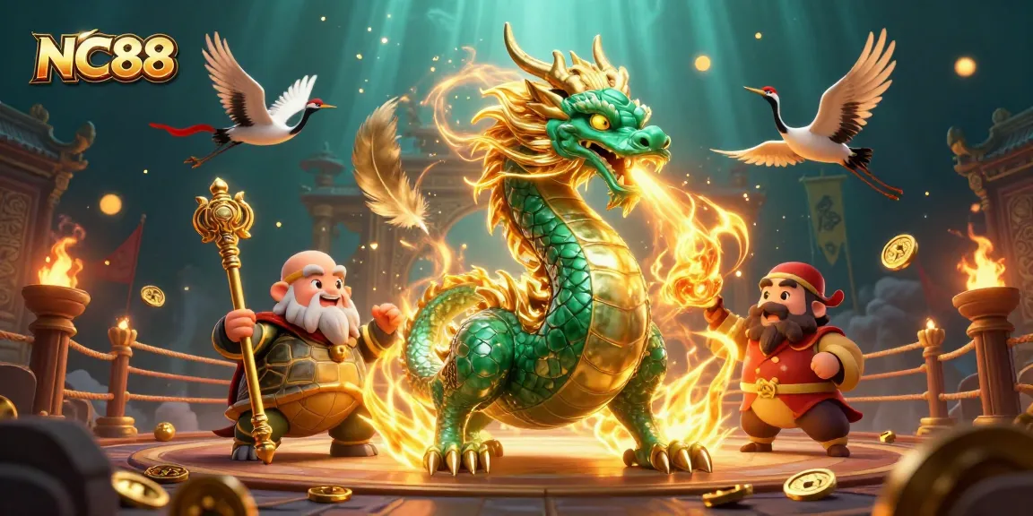 Engage in an exciting gaming adventure with NC88 featuring a jade dragon and dynamic casino elements.