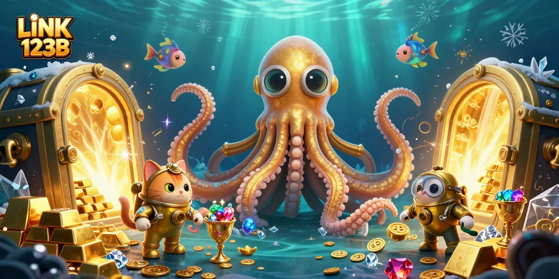 Engage with LINK 123B in a vibrant underwater casino adventure featuring a kraken, diving cat, and gems.