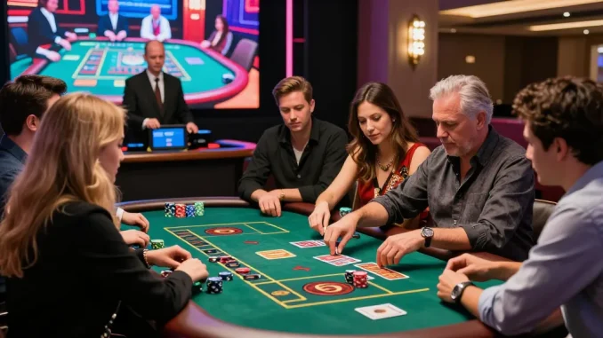 สมัครfun88 enthusiasts enjoying baccarat and roulette in an engaging live casino experience, showcasing vibrant ambiance.